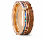 Koa Wood Abalone & Guitar String Ring - Smoked Rose Gold Tungsten 