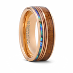 Koa Wood Abalone & Guitar String Ring - Smoked Rose Gold Tungsten 