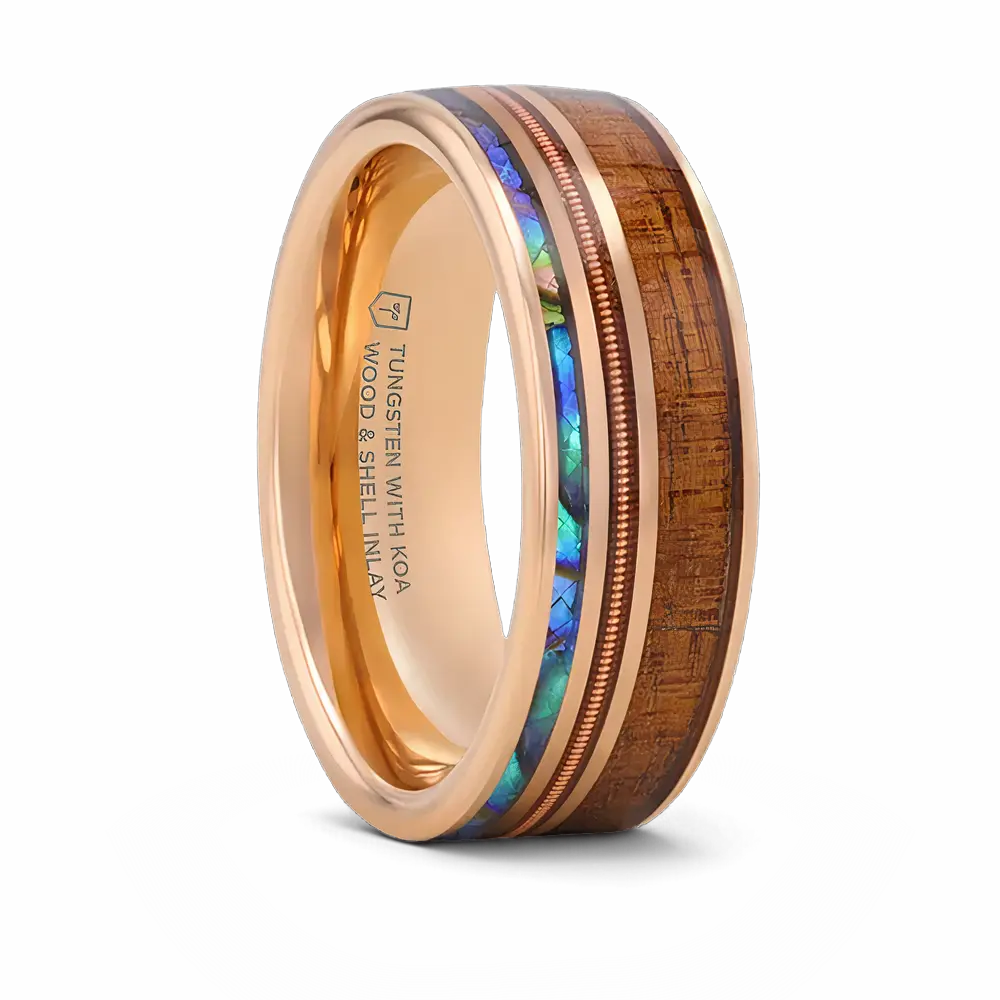 Koa Wood Abalone & Guitar String Ring - Smoked Rose Gold Tungsten 
