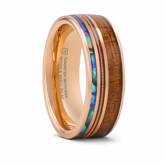 Koa Wood Abalone & Guitar String Ring - Smoked Rose Gold Tungsten 