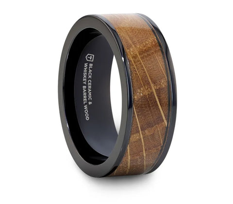 Black Ceramic Ring with Whiskey Barrel Wood Inlay -  8mm