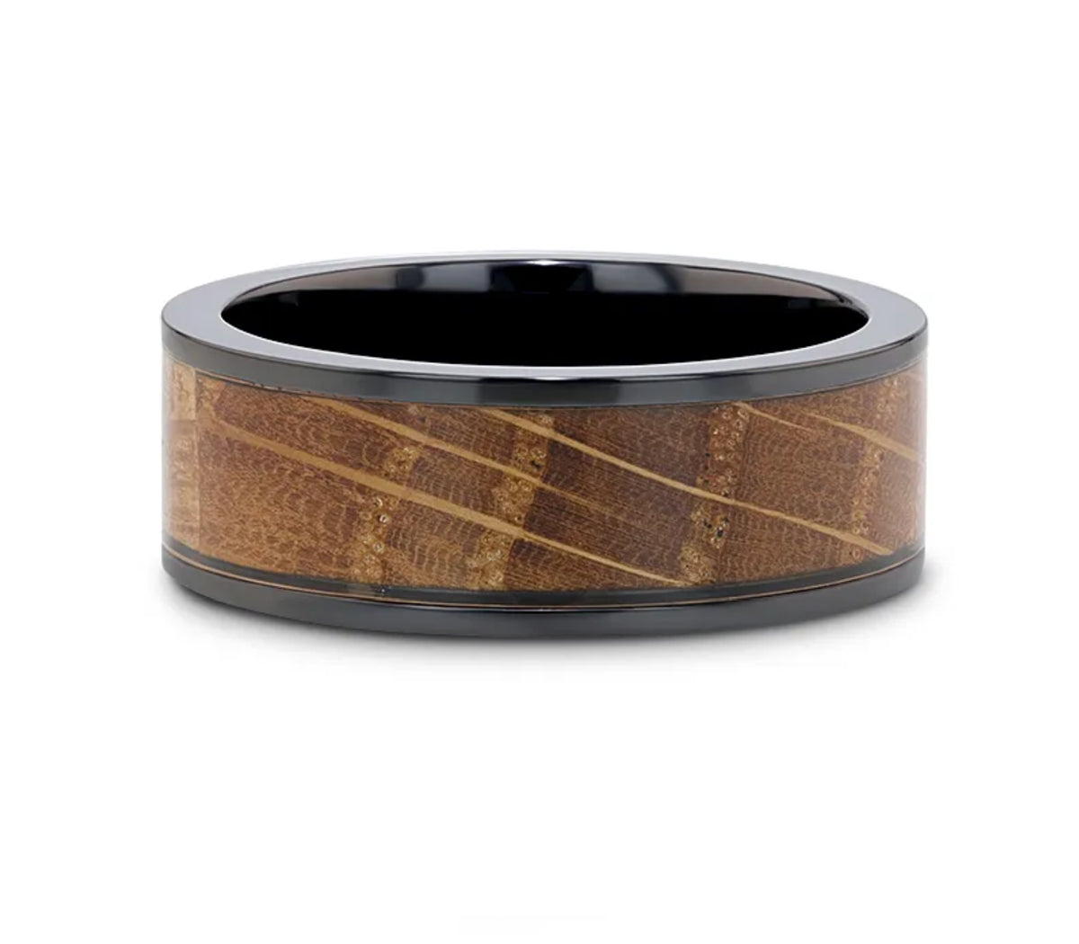 Black Ceramic Ring with Whiskey Barrel Wood Inlay -  8mm - Camo Ever After