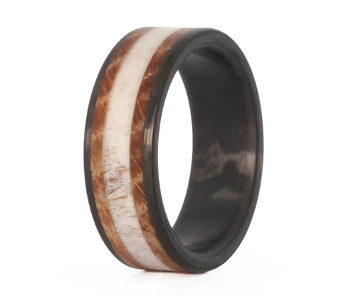 Deer Antler Ring with Whiskey Barrel Wood & Carbon Fiber