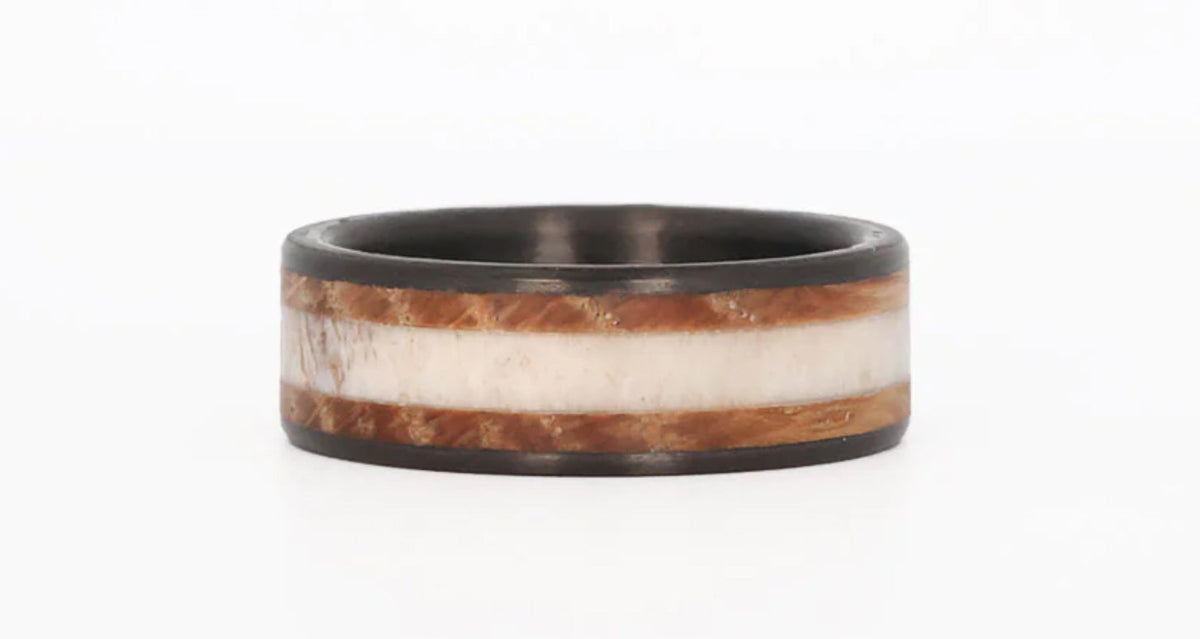 Antler Ring with Whiskey Barrel Wood & Carbon Fiber 
