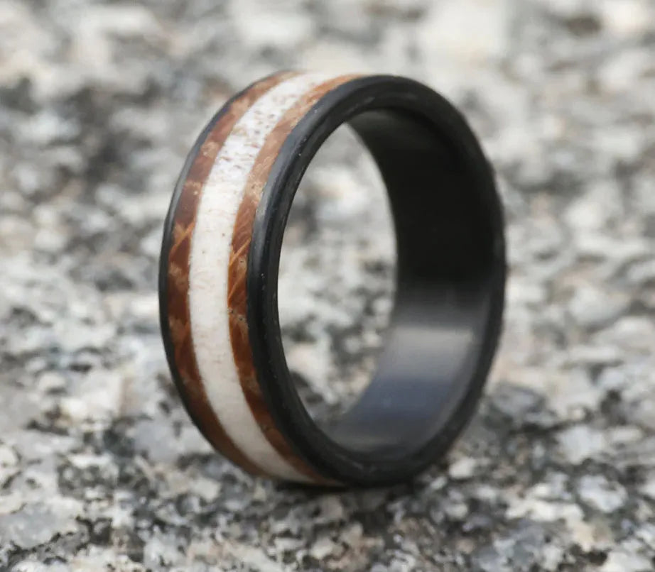 antler ring with whiskey barrel and carbon fiber2