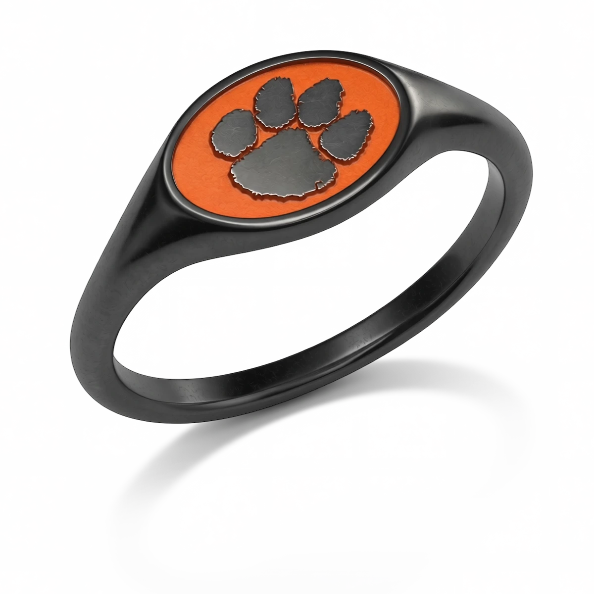 Clemson small oval signet ring in polished black zirconium featuring the Tiger Paw emblem