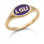 LSU small oval signet ring in polished 14K yellow gold with purple logo background