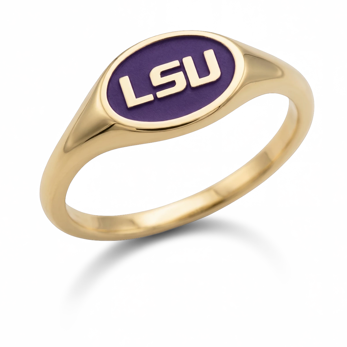 LSU small oval signet ring in polished 14K yellow gold with purple logo background