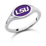 LSU small oval signet ring in polished 14K white gold with purple logo background
