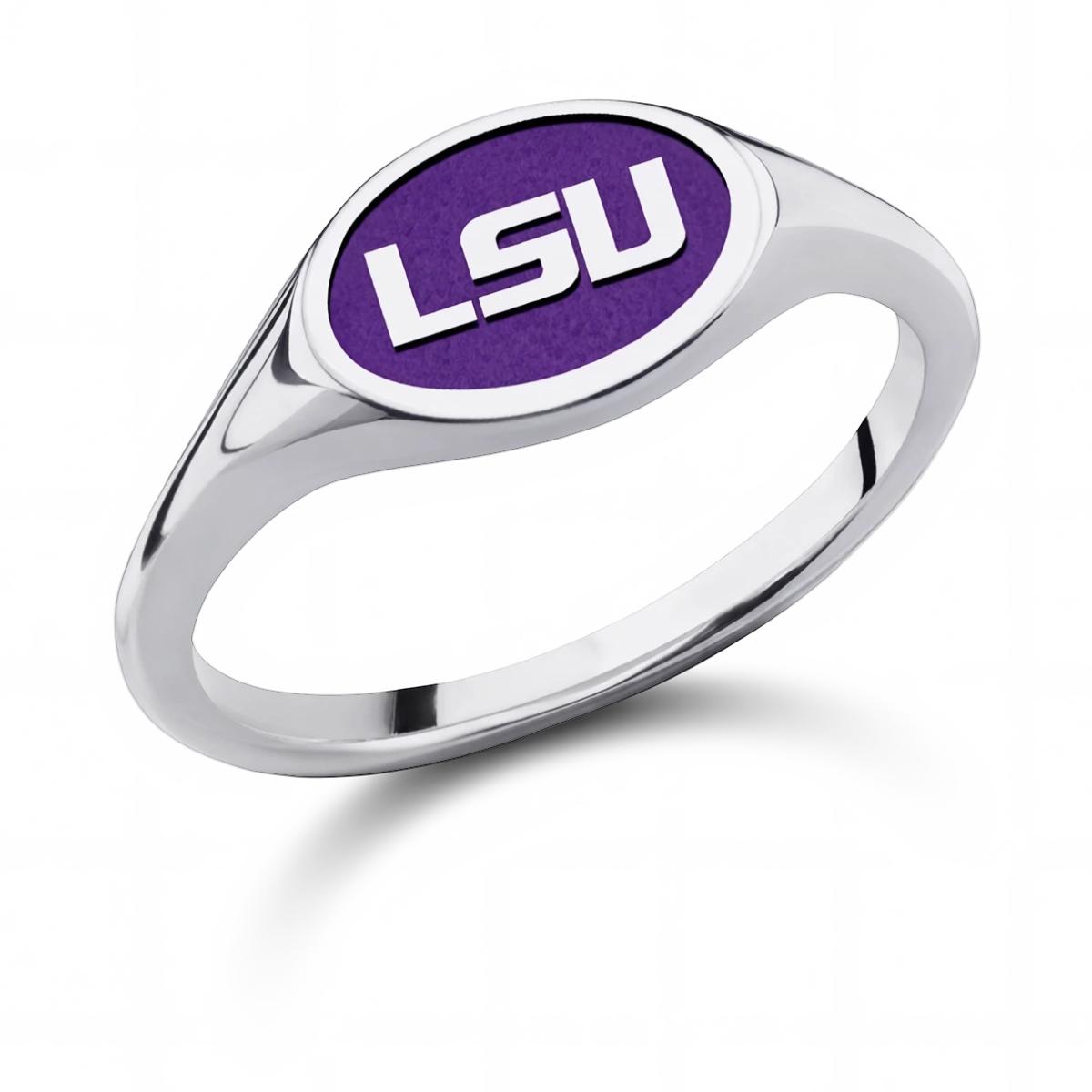 LSU small oval signet ring in polished 14K white gold with purple logo background