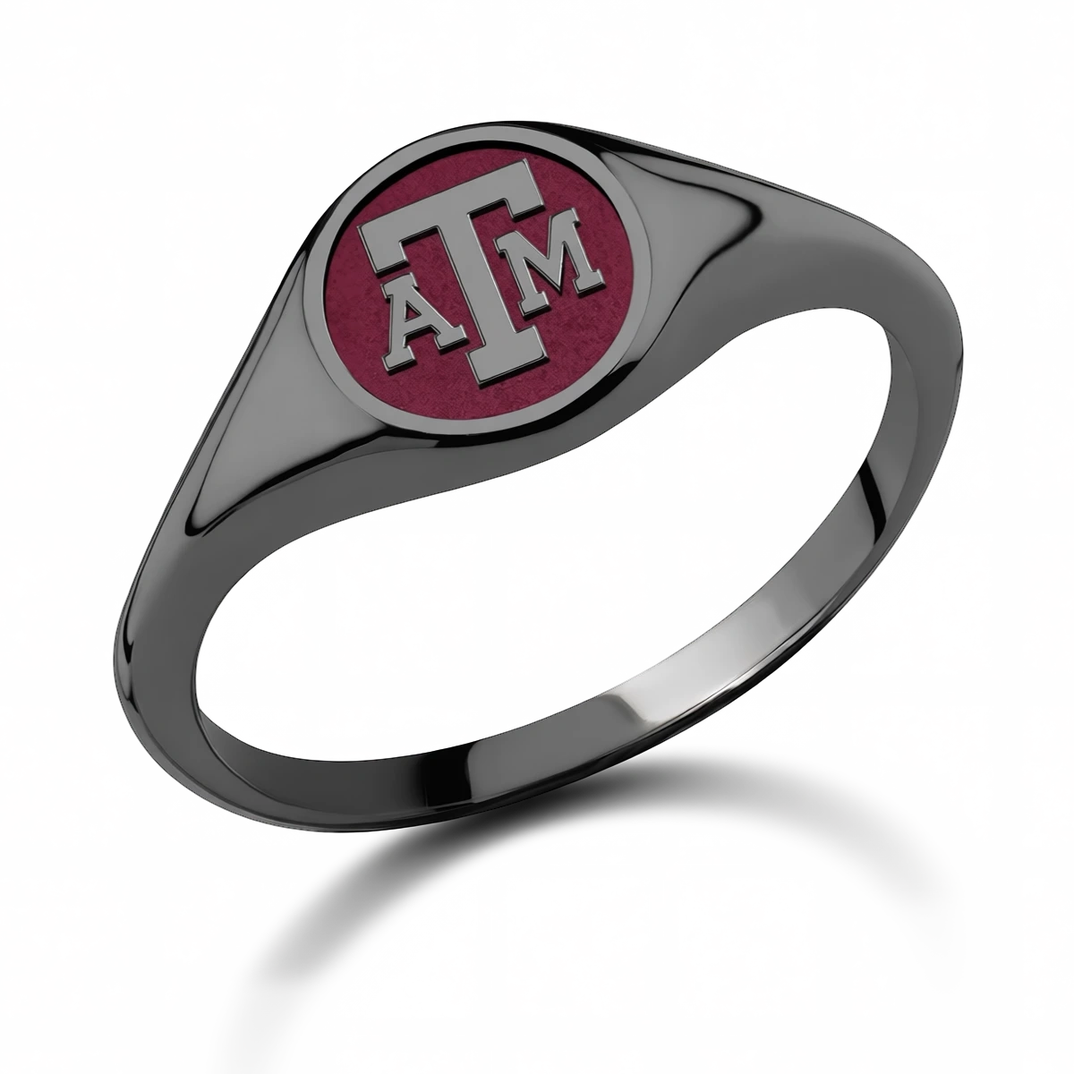 Texas A&M small round signet ring in polished black zirconium with university emblem