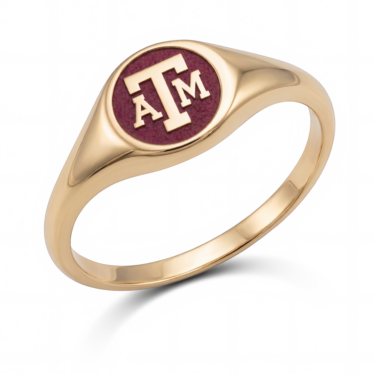 Texas A&M small round signet ring in polished 14K yellow gold with university emblem