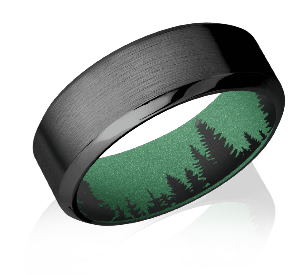 black ring with green forest inside sleeve