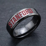 Stanford University collegiate band ring in polished black zirconium with recessed Cardinal red STANFORD lettering