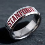 Stanford University collegiate band ring in polished titanium with recessed Cardinal red STANFORD lettering