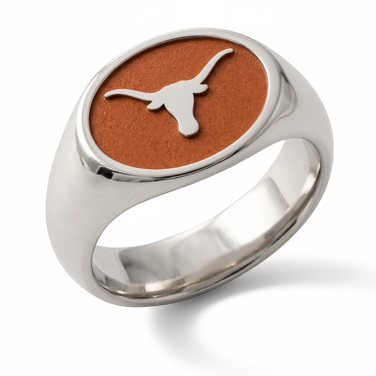 University of Texas signature oval signet ring with Longhorn emblem and wide polished cobalt shank