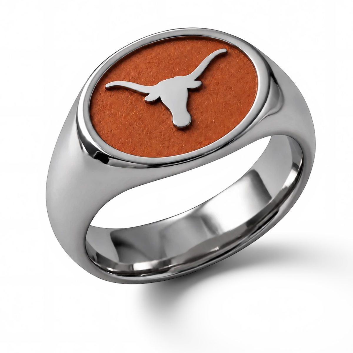 University of Texas signature oval signet ring with Longhorn emblem and wide polished titanium shank