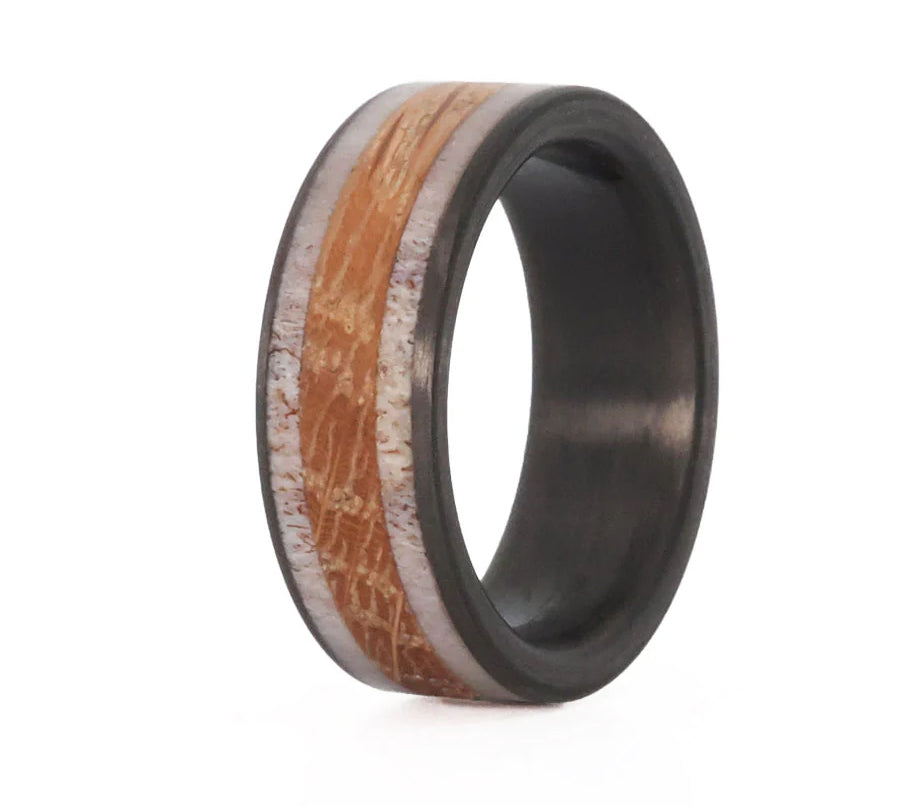 Whiskey Barrel Ring with Deer Antler & Carbon Fiber - Camo Ever After