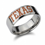University of Texas 8mm polished titanium collegiate ring with beveled edges and burnt-orange TEXAS lettering