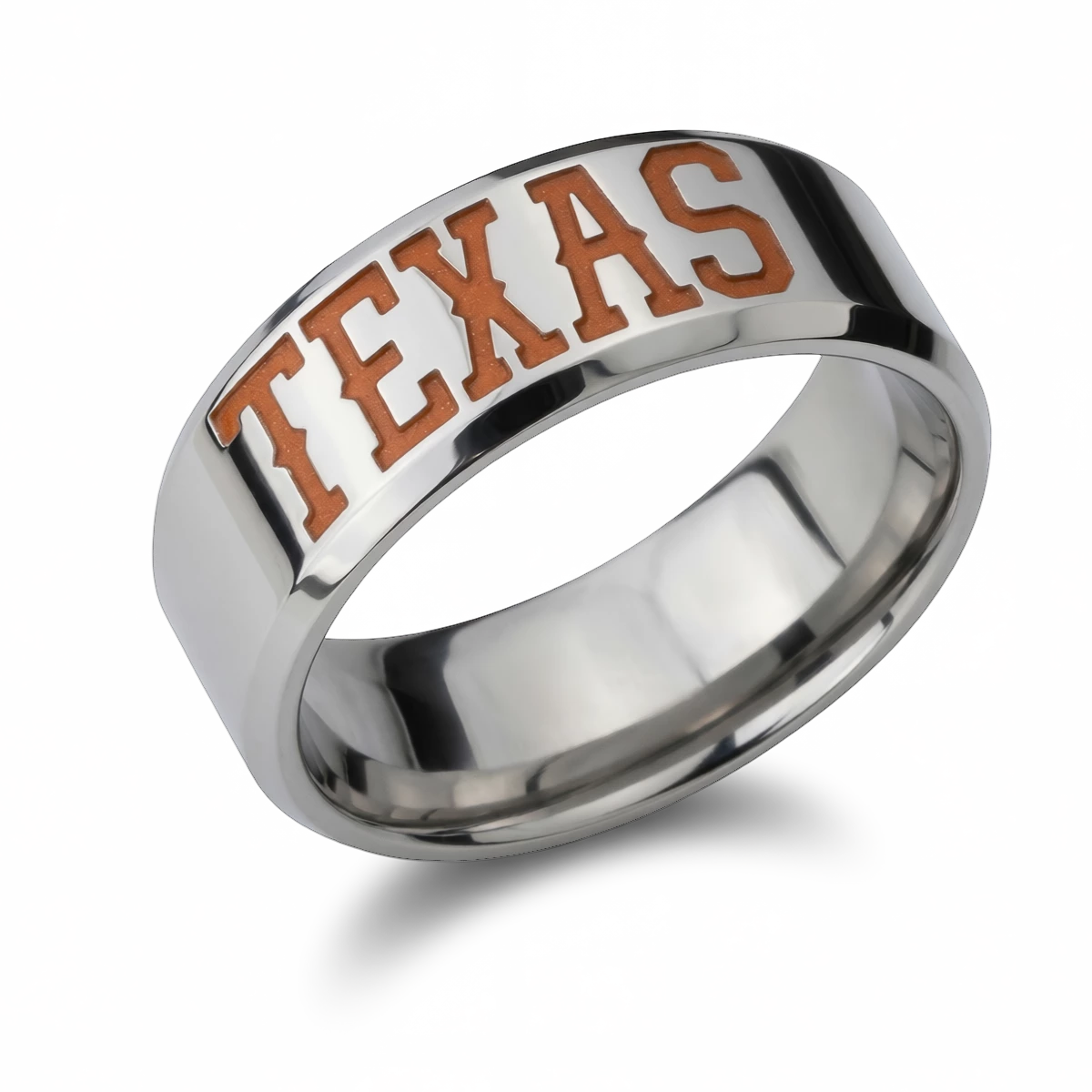 University of Texas 8mm polished titanium collegiate ring with beveled edges and burnt-orange TEXAS lettering