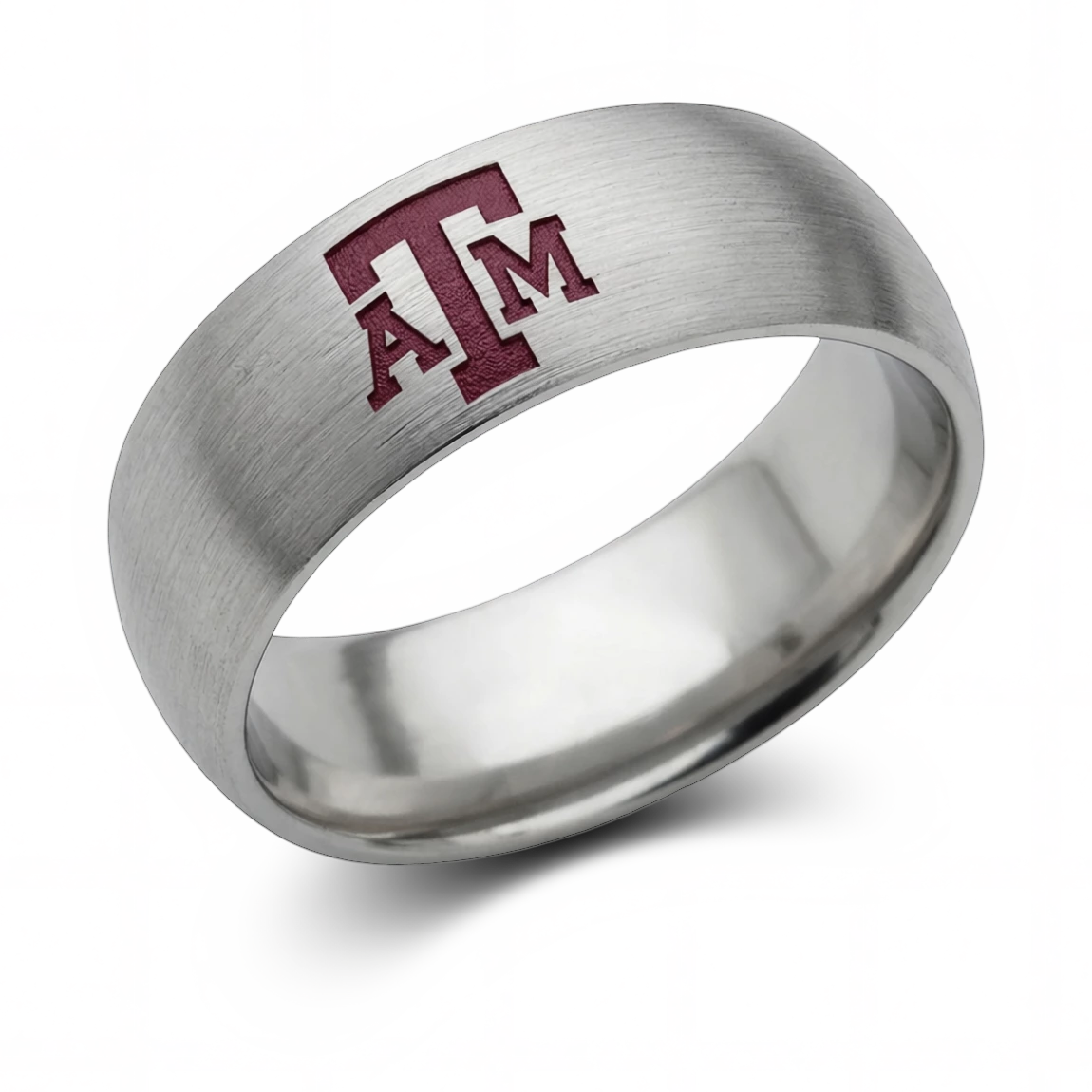Texas A&M Ring in 8mm satin titanium with maroon ATM logo and domed profile