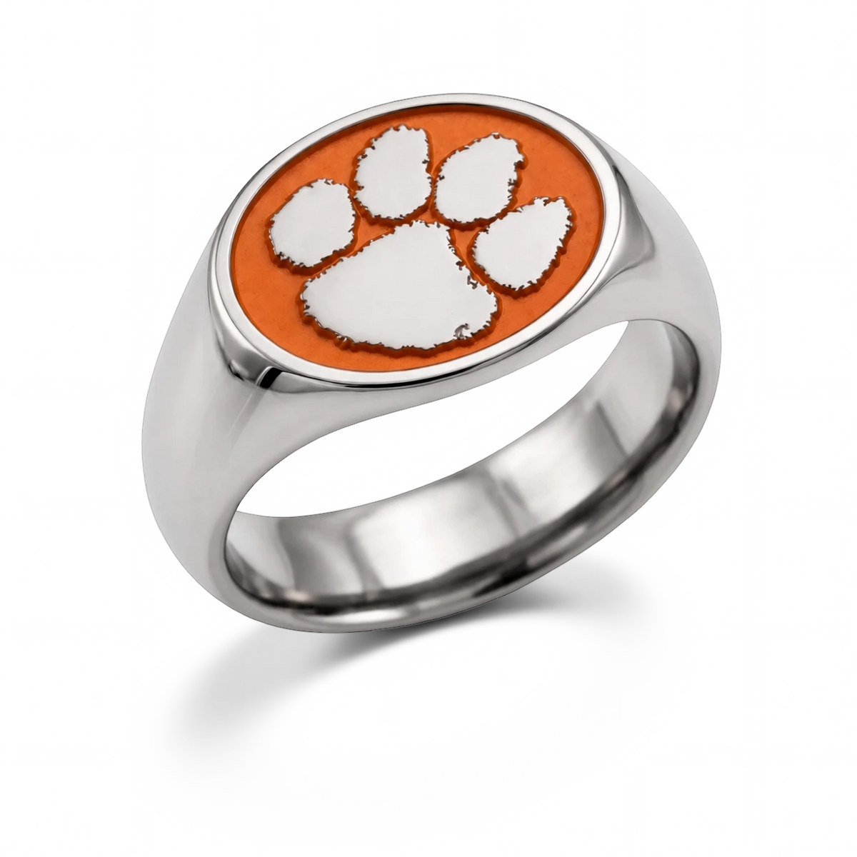 Clemson signature oval signet ring in polished titanium with Tiger Paw emblem and wide shank