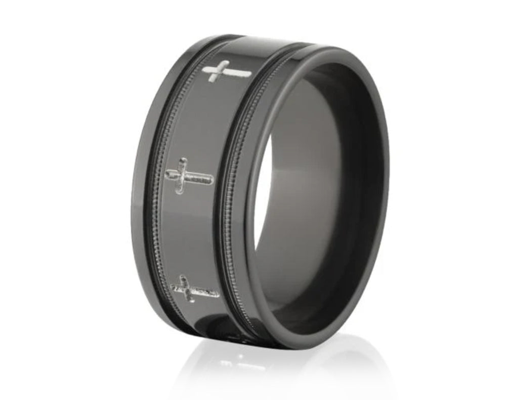 Black Cross Ring with Millgrain Detail | Camo Ever After