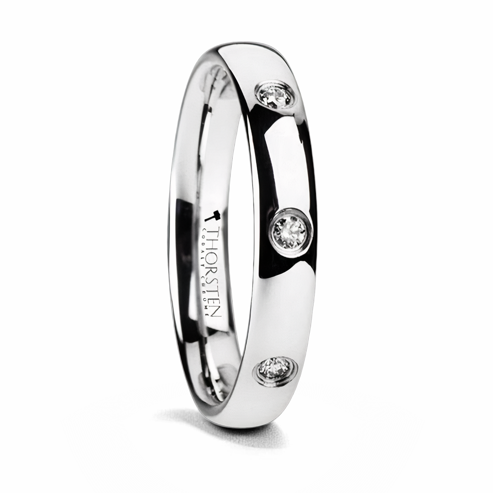 Polished Tungsten Ring with 3 Bezel Diamonds 