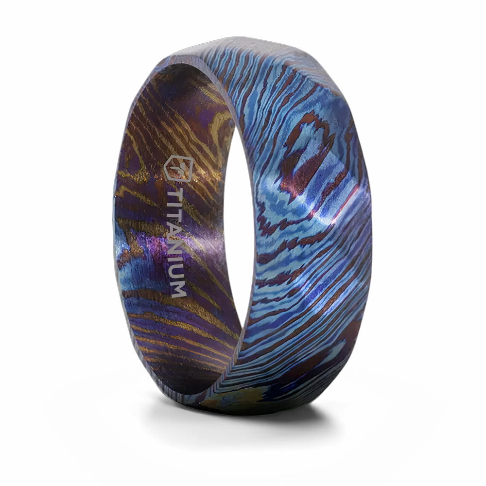 Brushed Titanium Ring with Blue and Purple Wavy Design 