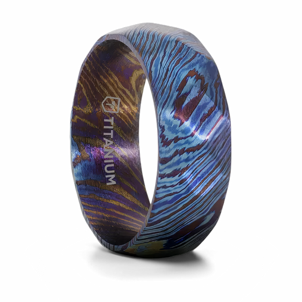 Brushed Titanium Ring with Blue and Purple Wavy Design 