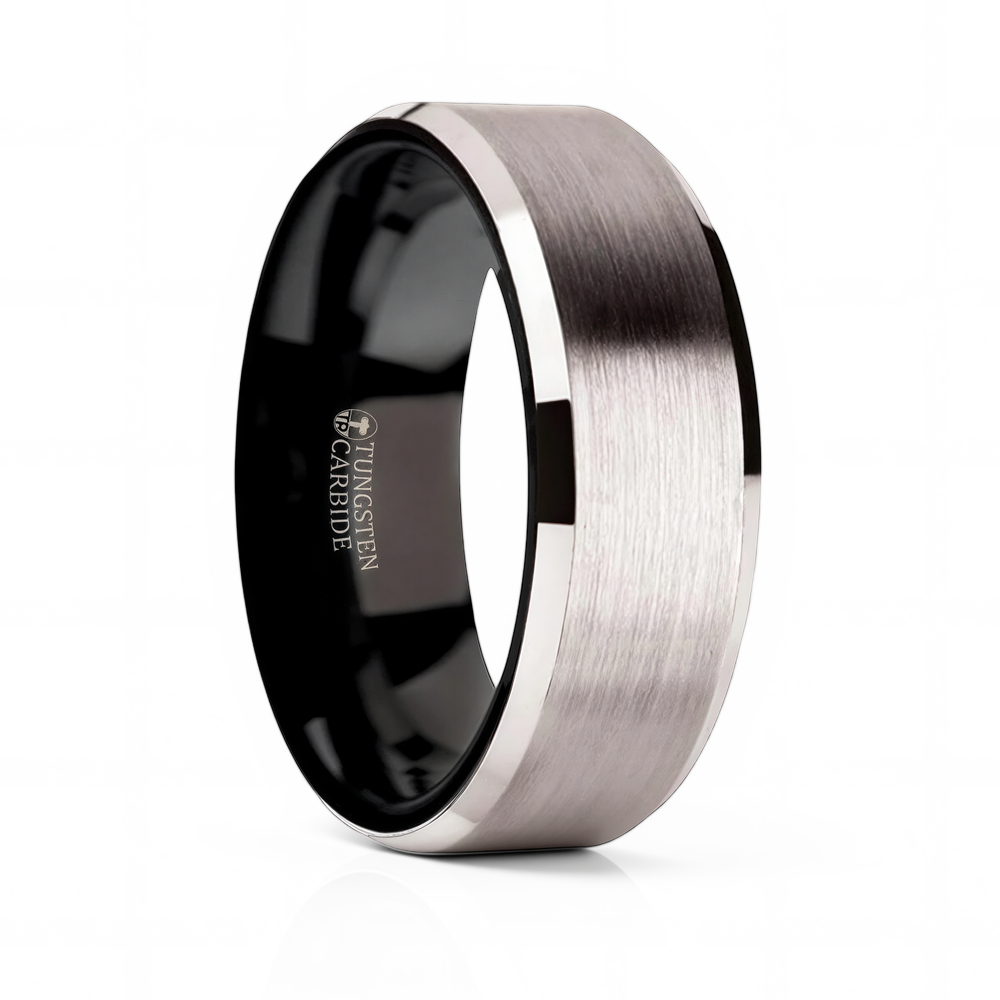 White Tungsten Wedding Band with Black Interior
