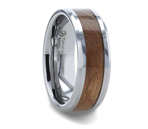 Whiskey barrel ring with beveled edges tungsten