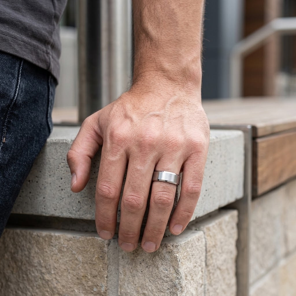 White Tungsten Wedding Band with Black Interior