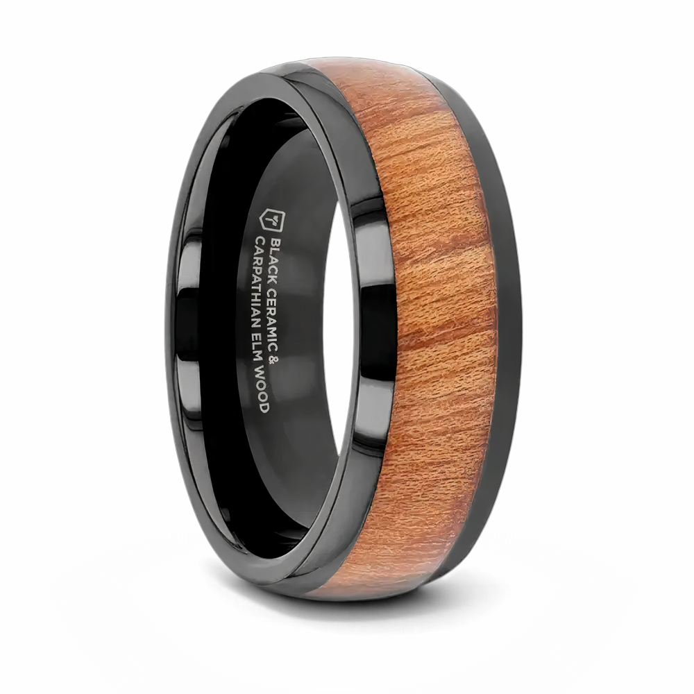 Carpathian Elm Wood Ring In Black Ceramic - 8mm 