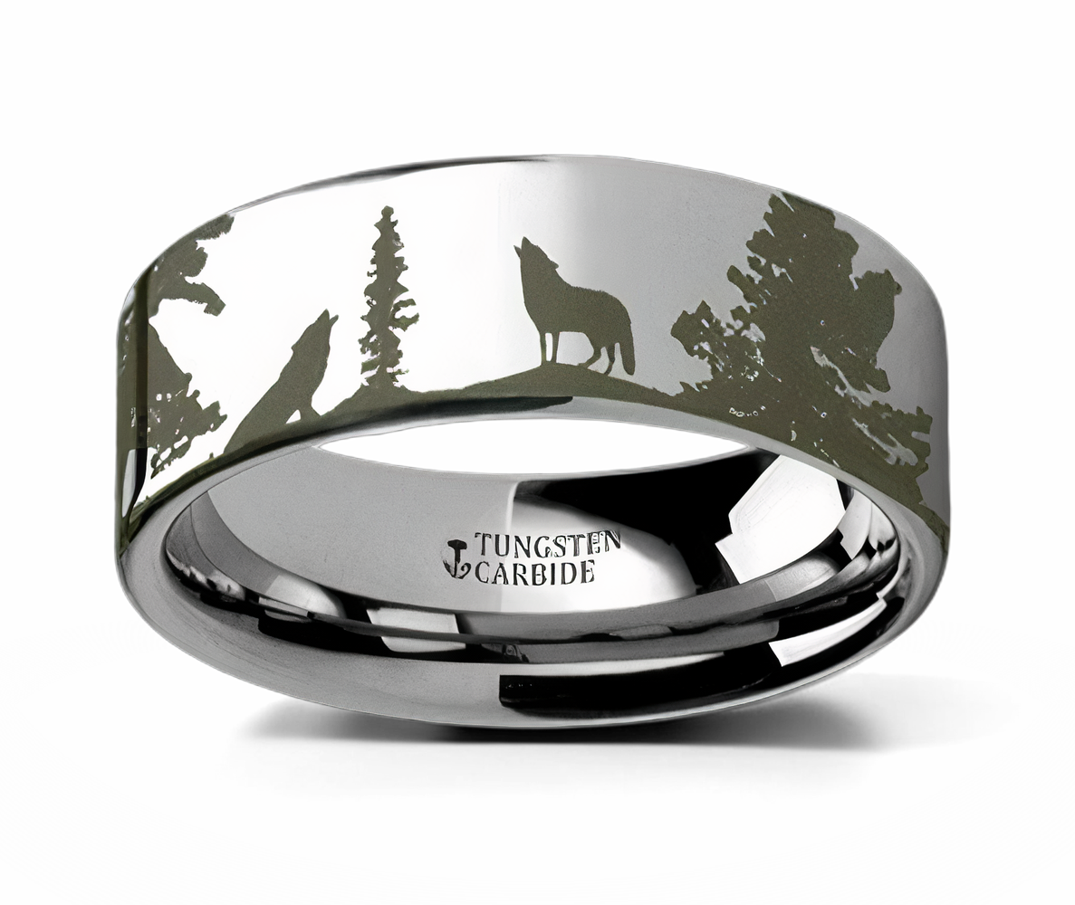 Wolves Ring Engraved Flat Tungsten - Camo Ever After