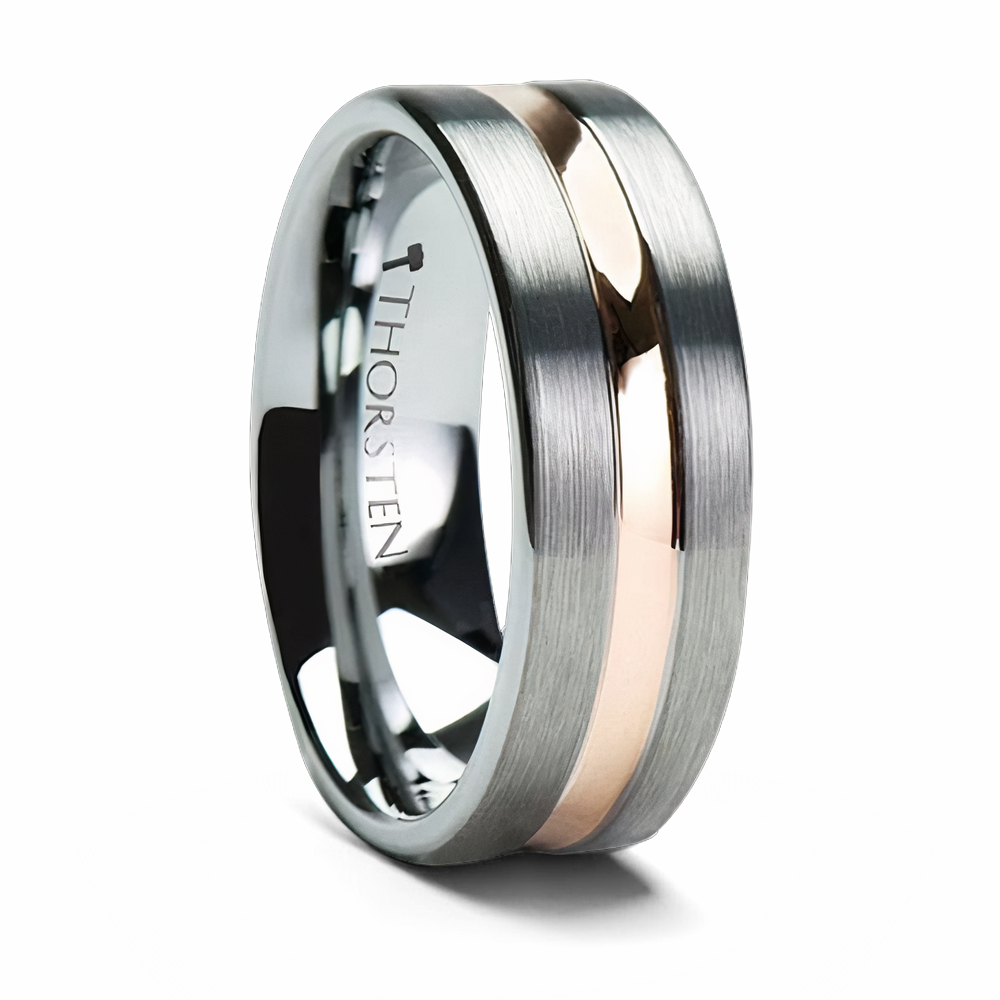 Brushed Tungsten Ring with Rose Gold Plated Groove 