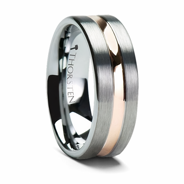 Brushed Tungsten Ring with Rose Gold Plated Groove 