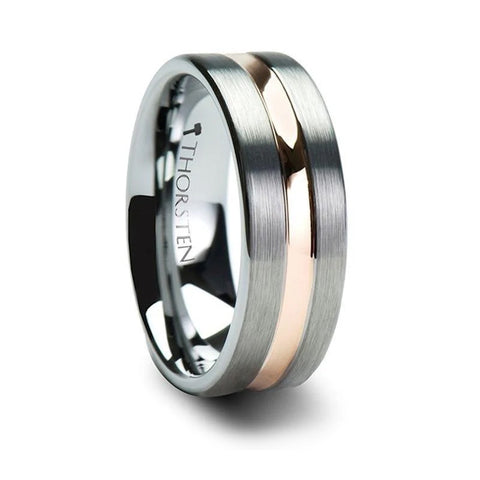 Brushed Tungsten Ring with Rose Gold Plated Groove