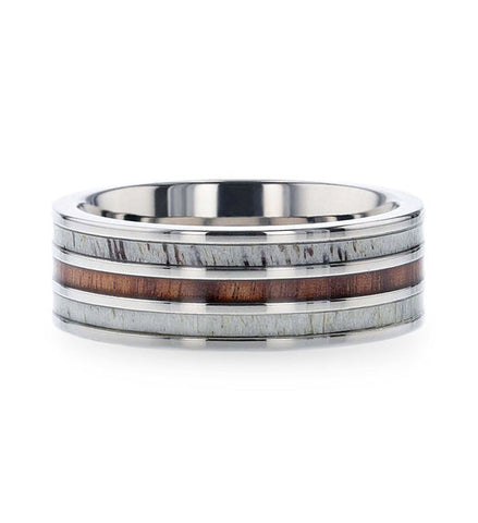 Ring with Three Inlays - Wood and Antler - Titanium 8mm