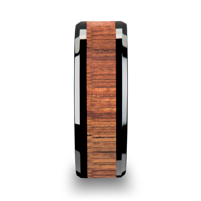 Koa Wood Inlay Ring in Beveled Black Ceramic 