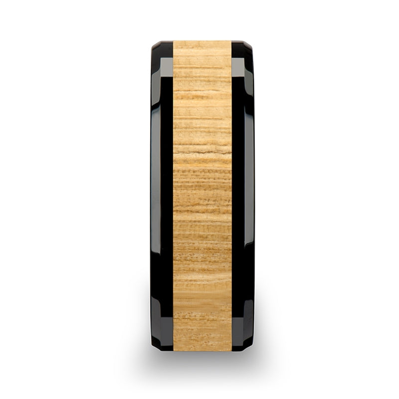 Ash Wood Inlay Ring in Black Ceramic 