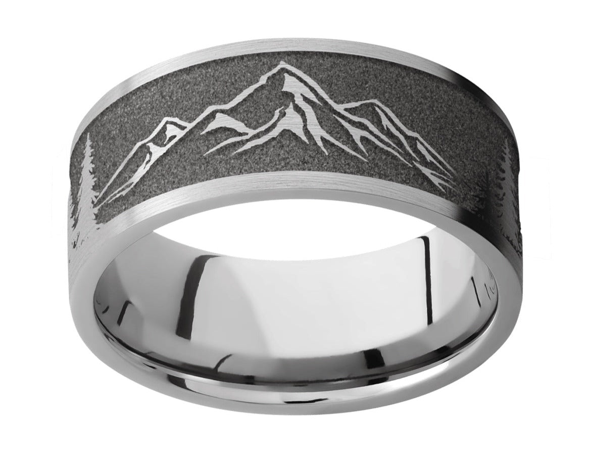 Mountain Scene Ring with Trees - 9mm Titanium 