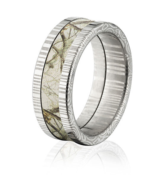 Damascus Steel Flat Camo Ring in Realtree AP Snow