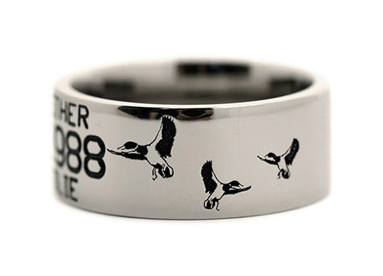 Duck Band Wedding Ring with Laser Carved Ducks 