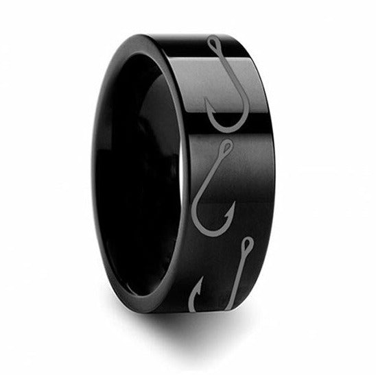 Fish Hook Pattern Ring Black Tungsten