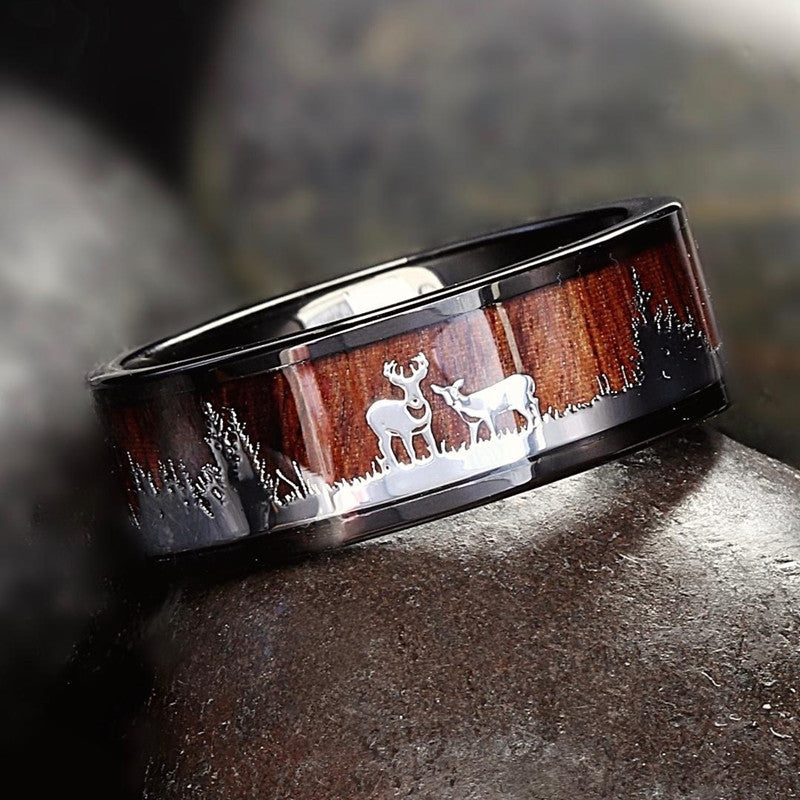 Black Tungsten Ring with Silver Deer Silhouette 