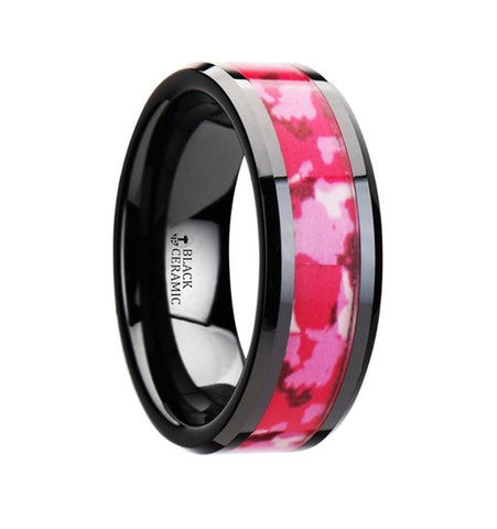 Black Ceramic Ring with Pink and White Camo Inlay
