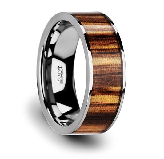 Zebra Wood Inlay Ring with Polished Edges & Flat Profile - Camo Ever After