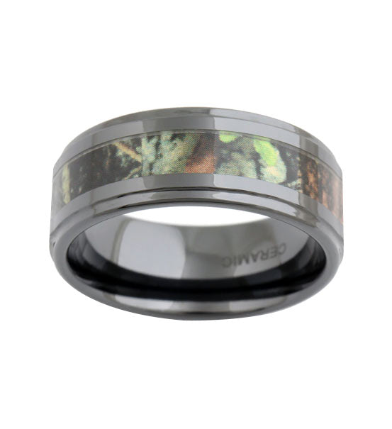 Camo Ring in Black Ceramic with Leaves and Branches 