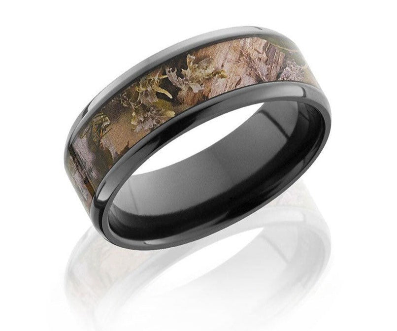 Black Zirconium Ring with Hawaiian Koa Wood Offset Inlay - 6mm, Flat S